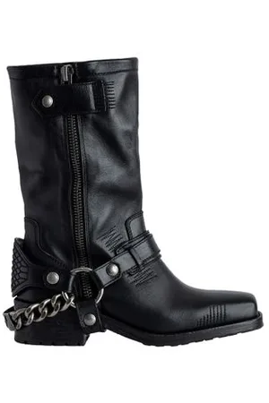 Plazo Black, Studded Detail Buckle Biker Boots