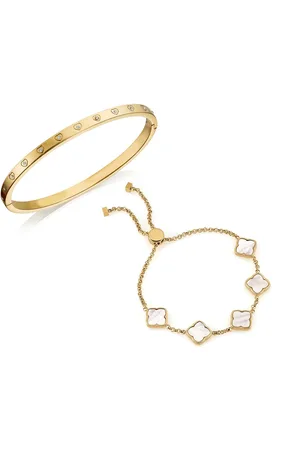 Abbott Lyon Crystal Heart Bangle & Multi Pearl Clover Bracelet Set (Gold)