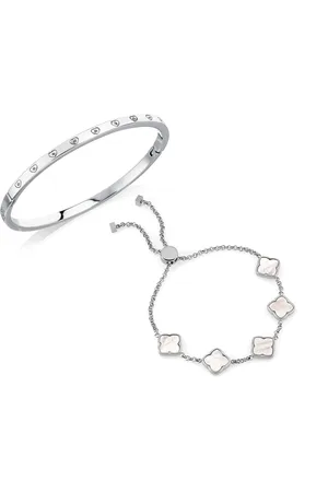 Abbott Lyon Crystal Heart Bangle & Multi Pearl Clover Bracelet Set (Silver)