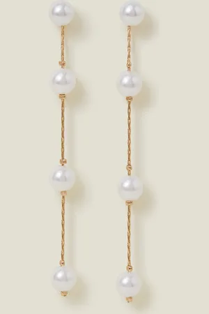 Accessorize White and Gold Brass Pearl Station Long Drop Earrings, Size: 9cm, Women