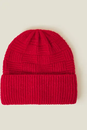 Accessorize Red Knitted Rib Check Beanie Hat, Size: 22cm, Women