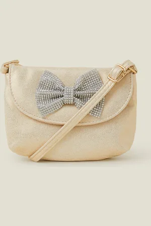 Accessorize Cream & Silver Diamante Bow Metallic Bag, Girl