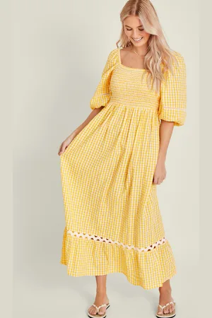 Accessorize Yellow & White Cotton Gingham Puff Sleeve Maxi Dress, Size: S, Women