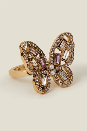 Accessorize White and Gold Sparkle Zinc Glass Butterfly Ring, Size: M, Women