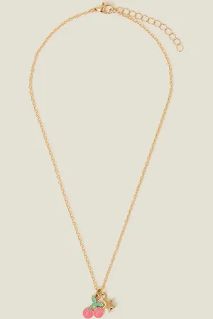 Accessorize Gold and Pink Metal Cherry Pendant Necklace, Size: 40cm, Girls