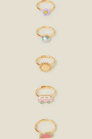 Accessorize Gold and Pink Metal 5-Pack Fruit Rings, Size: 1.5cm, Girls