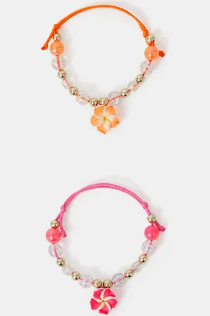Accessorize 2-Pack Girls Beaded Flower Charm Cord Bracelets, Kids