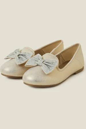 Accessorize Diamante Bow Metallic Ballet Flats, Size: 3, Girl