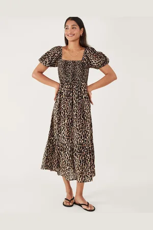 Accessorize Leopard Print Shirred Puff Sleeve Dress, Size: M, Women