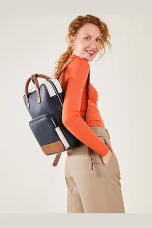 Accessorize Navy Blue and Brown Leather Colour Block Pocket Top Handle Backpack, Size: 29x35cm, Women