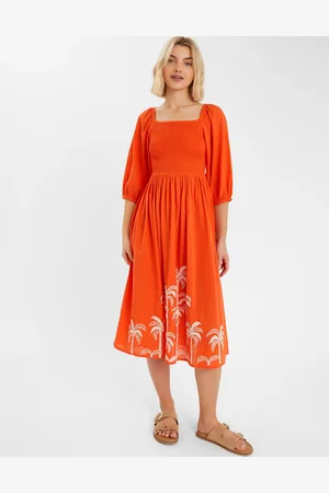 Accessorize Palm Embroidered Puff-sleeve Midi Dress , Size: M