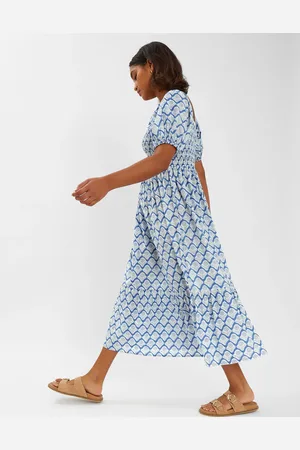 Accessorize Blue & White Cotton Dandelion Print Maxi Dress, Size: M, Women