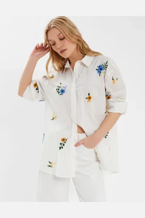 Accessorize Floral Embroidered Cotton Shirt , Size: M
