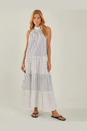 Accessorize Cream & Blue Cotton Polka Dot Stripe Halter Maxi Dress, Size: M, Women