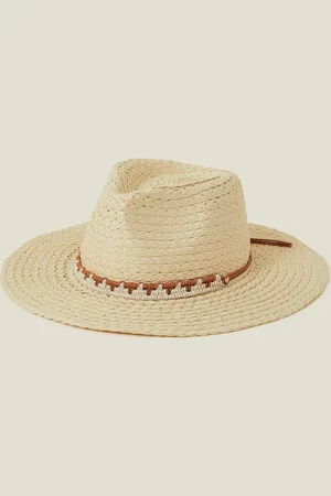 Accessorize Beige & Brown Western Straw Fedora Hat, Size: 57cm, Women