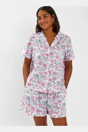 Accessorize Pink, White & Green Cotton Jasmine Floral Print Pyjama Set, Size: S, Women