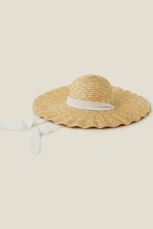 Accessorize Brown & White Straw Scallop Edge Boater Hat, Size: 57cm, Women