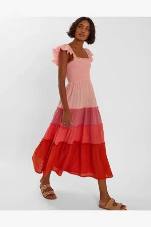Accessorize Pink & Red Cotton Colourblock Tiered Maxi Dress, Size: M, Women