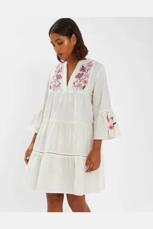 Accessorize White & Pink Cotton Jasmine Embroidered Smock Dress, Size: S, Women