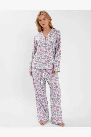Accessorize Pink, White & Green Cotton Jasmine Print Pyjamas Set, Size: L, Women