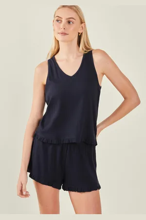 Accessorize Blue Cotton Rib Ruffle Vest and Shorts Pyjamas Set, Size: XL, Women