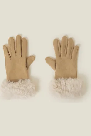 Accessorize Brown & Cream Suedette Faux Fur Cuff Gloves, Size: 24cm, Women