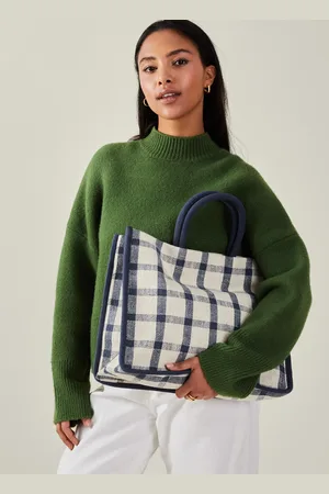 Accessorize Navy and Cream Checked Cotton Woven Check Print Shopper Bag, Size: 31cm, Women
