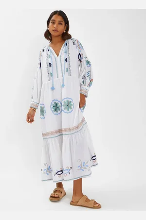 Accessorize White & Green Cotton Long-sleeve Embroidered Maxi Dress, Size: L, Women