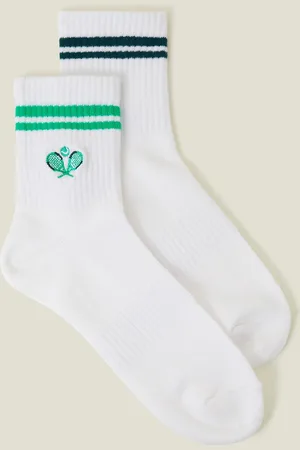 Accessorize White and Green Embroidered Cotton 2-Pack Tennis Sport Socks, Size: 11x8cm, Women