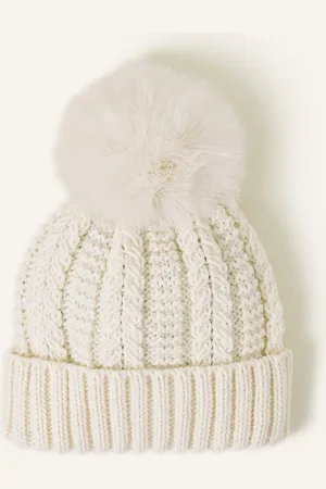Accessorize Classic Knitted Acrylic Faux Fur Pom-pom Beanie Hat, Size: 7x21cm, Women