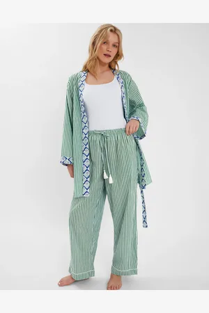 Accessorize White & Blue Cotton Dandelion Stripe Short Robe, Size: S, Women