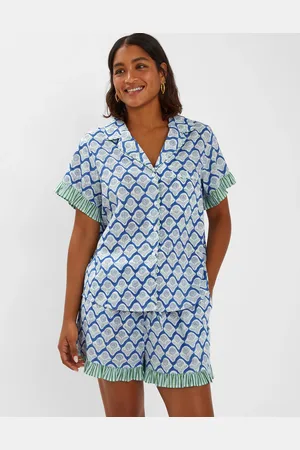 Accessorize Blue & White Cotton Dandelion Print Pyjama Set, Size: M, Women