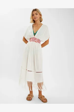 Accessorize Palm Embroidered Fringe Kaftan Dress , Size: L