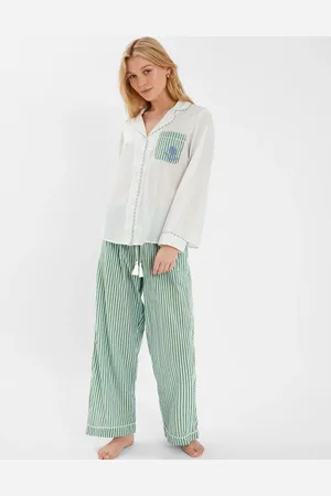 Accessorize Green & White Cotton Dandelion Stripe Print Pyjama Set, Size: M, Women