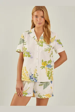 Accessorize Cream, Green & Yellow Cotton Floral Print Short Pyjamas Set, Size: L, Women