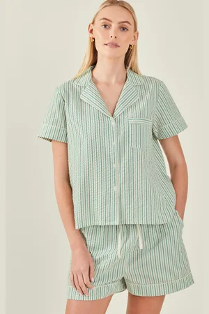 Accessorize Green Cotton Seersucker Stripe Short Pyjamas Set, Size: Xxl, Women