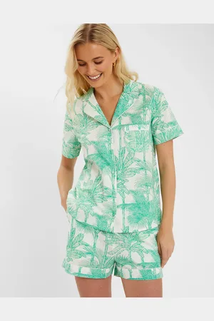 Accessorize Green & White Cotton Palm Print Short Pyjamas Set, Size: XL, Women