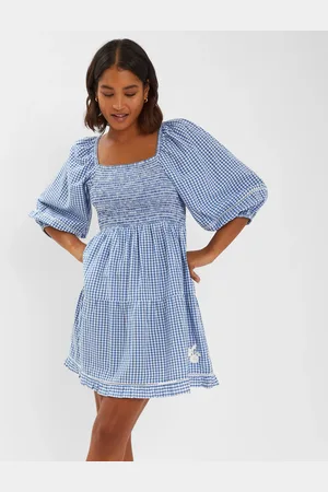 Accessorize Blue & White Cotton Puff-sleeve Gingham Mini Dress, Size: M, Women