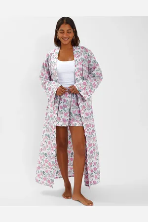 Accessorize Pink, White & Green Cotton Jasmine Print Dressing Gown, Size: M, Women