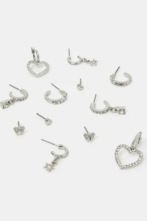 Accessorize 6-Pack Pavé Heart Stud and Hoop Earrings Silver