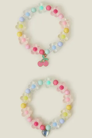 Accessorize Pink and Yellow Floral Design 2-Pack Beaded Flower Bracelets, Size: 14cm, Girls