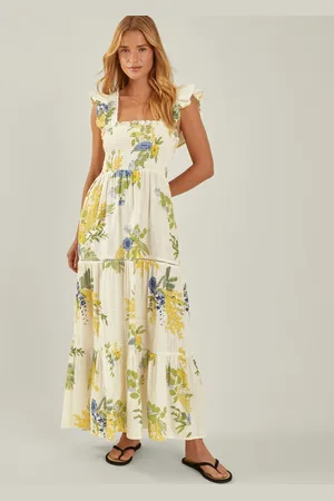 Accessorize Floral Frill Strap Smocked Maxi Dress Ivory, Size: L