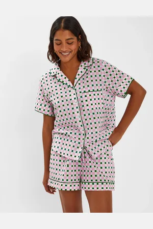 Accessorize Pink, Green & White Cotton Checkerboard Short Pyjama Set, Size: S, Women