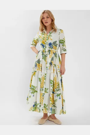 Accessorize Cream, Yellow & Green Cotton Floral Print Maxi Shirt Dress, Size: S, Women