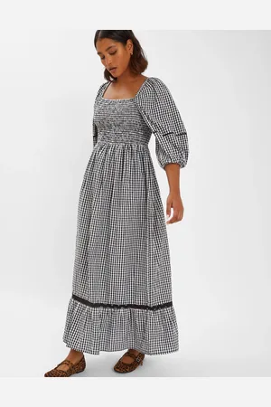 Accessorize Black & White Cotton Gingham Puff Sleeve Maxi Dress, Size: M, Women