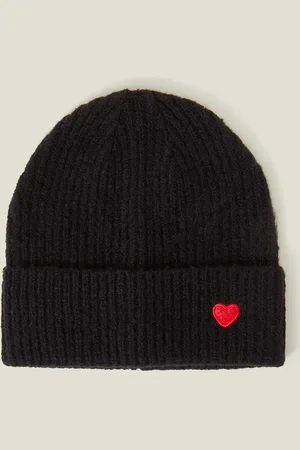 Accessorize Embroidered Heart Beanie Hat Black