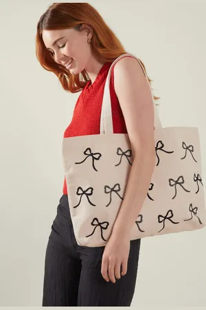 Accessorize Black Bow Print Cotton Shopper Bag, Women