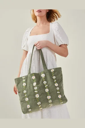 Accessorize Green & White Cotton Daisy Embroidered Corduroy Shopper Bag, Size: 50cm, Women