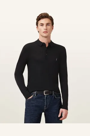 AllSaints Mode Merino Long Sleeve Ramskull Polo Shirt