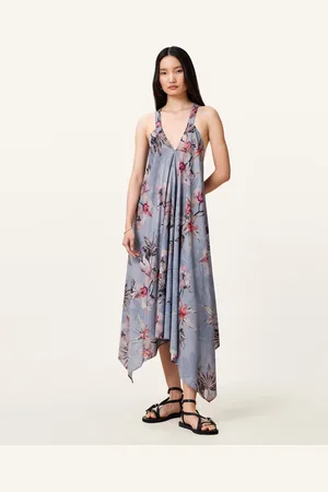 AllSaints Lil Asymmetric Floral Print Midi Dress